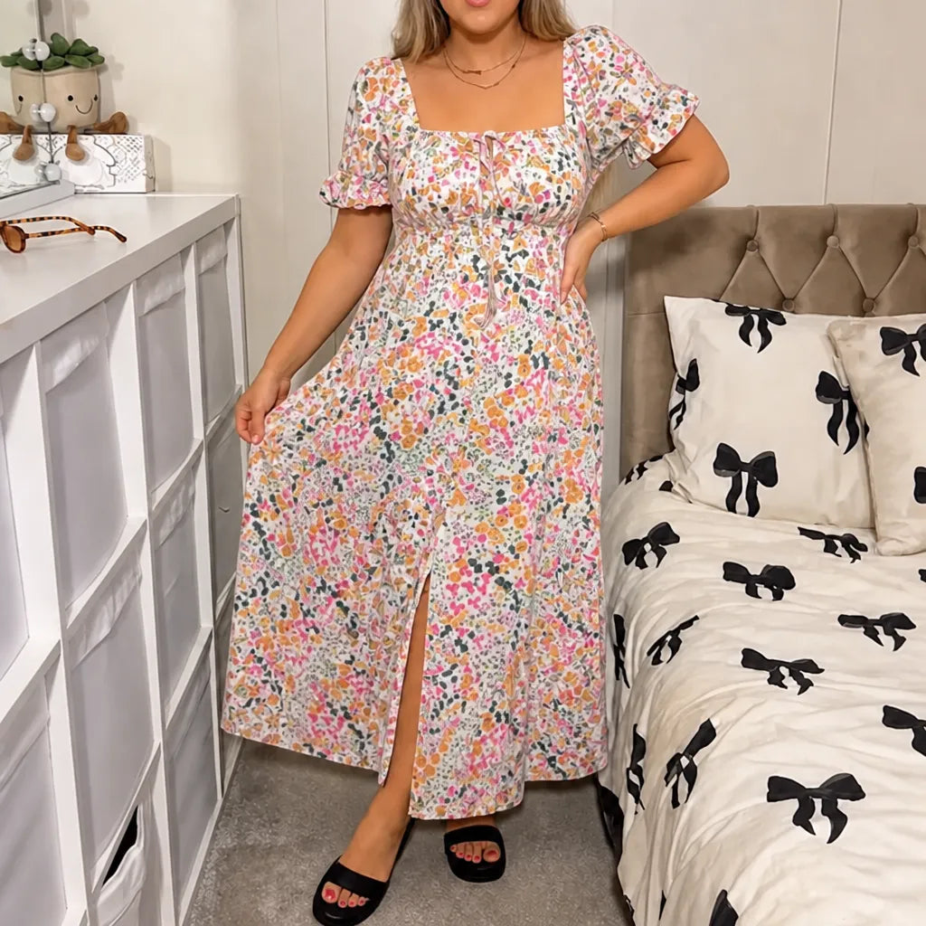Florenza – Floral Midi Dress with Smocked Bodice and Side Slit