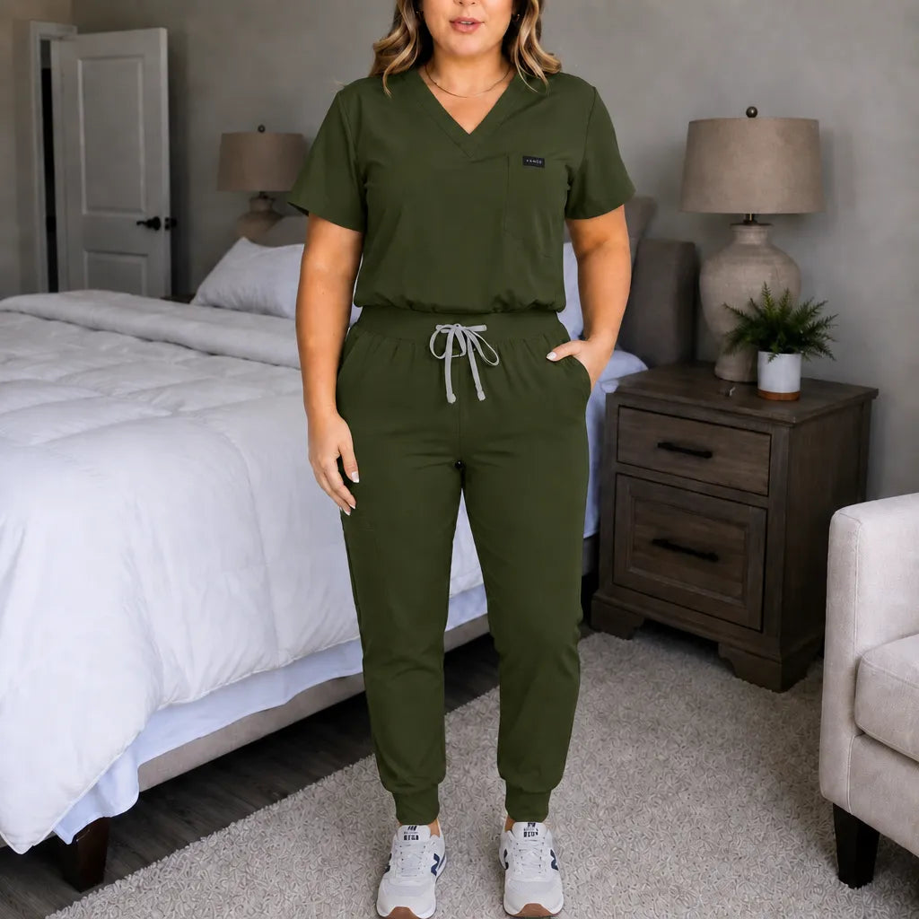 Corelle – V-Neck Jogger Scrub Set with Drawstring Waist and Pockets