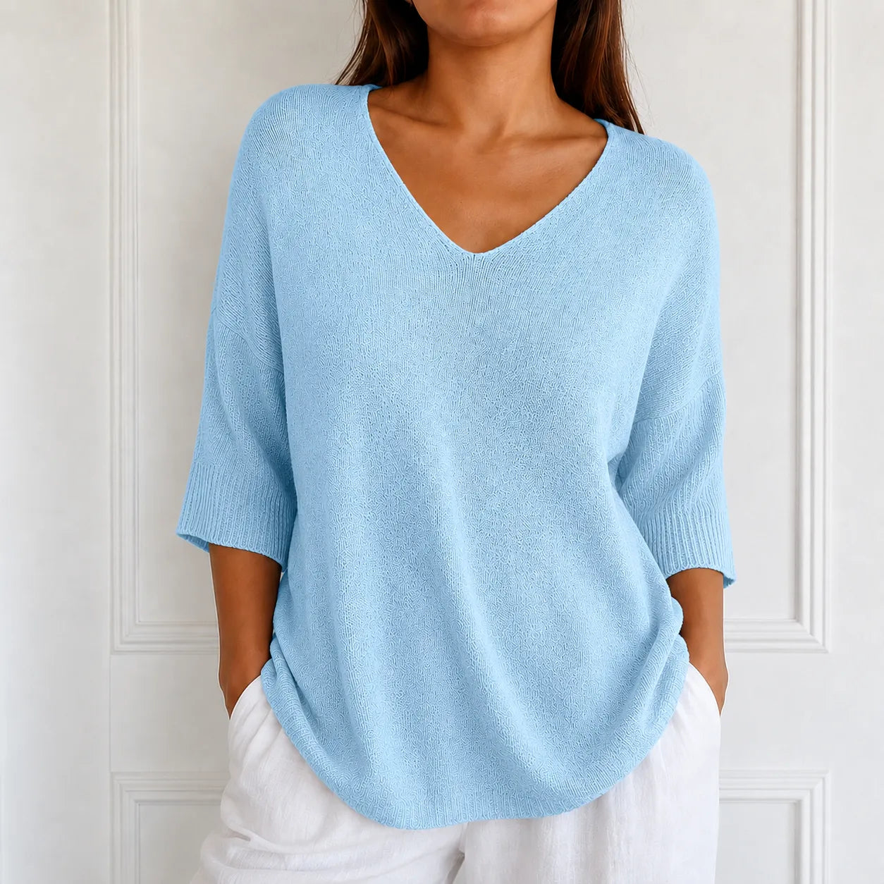 Elowyn – Soft V-Neck Knit Tunic Top for Women, Loose Drape