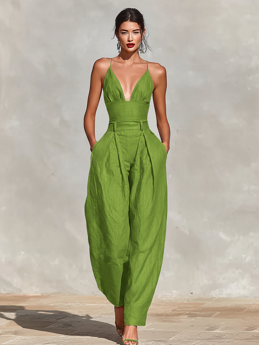 Women's Red Linen Jumpsuit With Spaghetti Straps & High-Waisted Pleated Pants, Timeless Romantic-Elegant Style Jumpsuit MDZ1915C8I