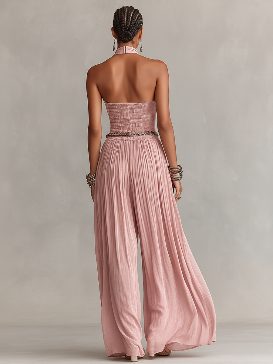 Women's Blush Pleated Jumpsuit With Halter Neck & Ruched Waist, Timeless Romantic-Elegant Style Jumpsuit (without Belt) MDZ1133B7I