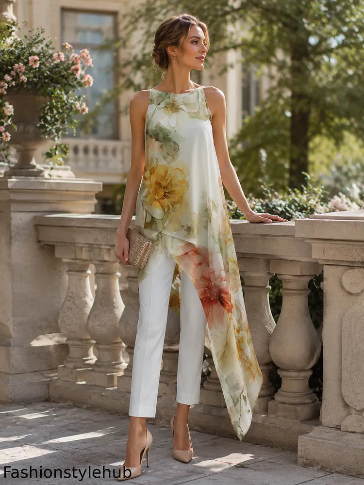 Sheer Floral Asymmetric Overlay Top & Tailored Pants Set