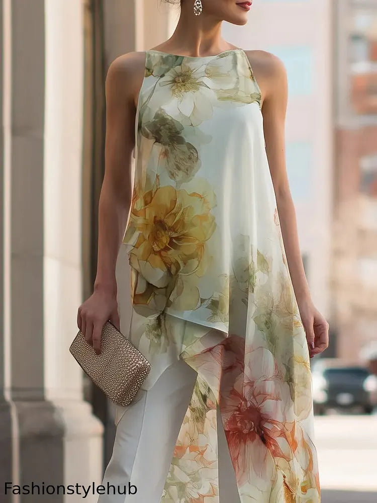 Sheer Floral Asymmetric Overlay Top & Tailored Pants Set