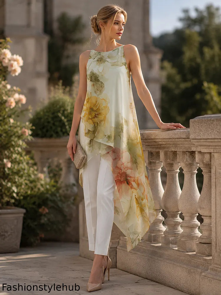 Sheer Floral Asymmetric Overlay Top & Tailored Pants Set