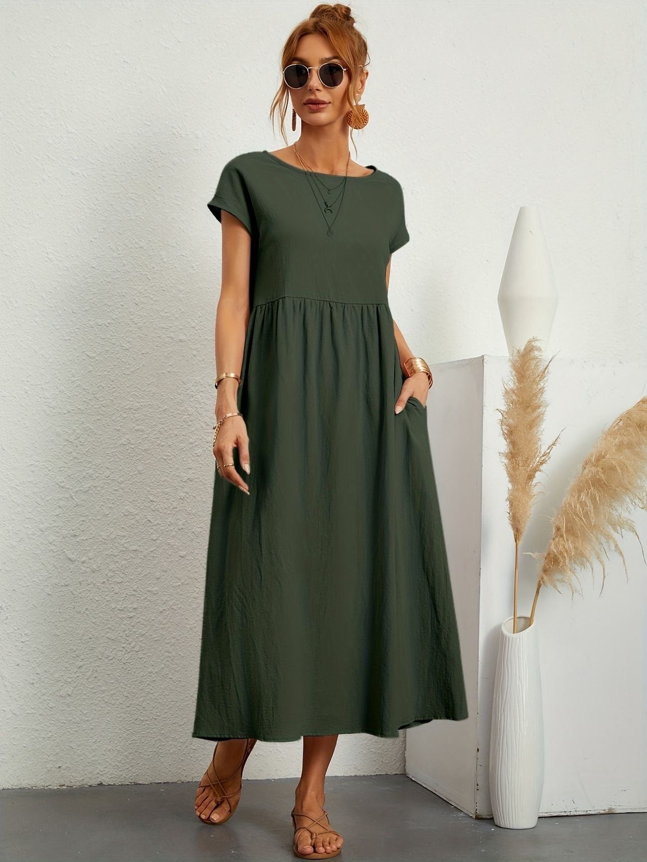 Hannah | Women's Short Sleeve Loose Midi Pocket Dress