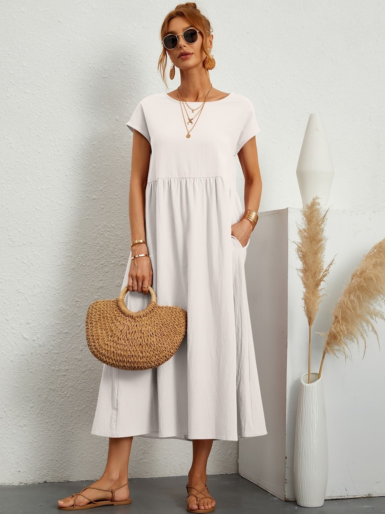 Hannah | Women's Short Sleeve Loose Midi Pocket Dress