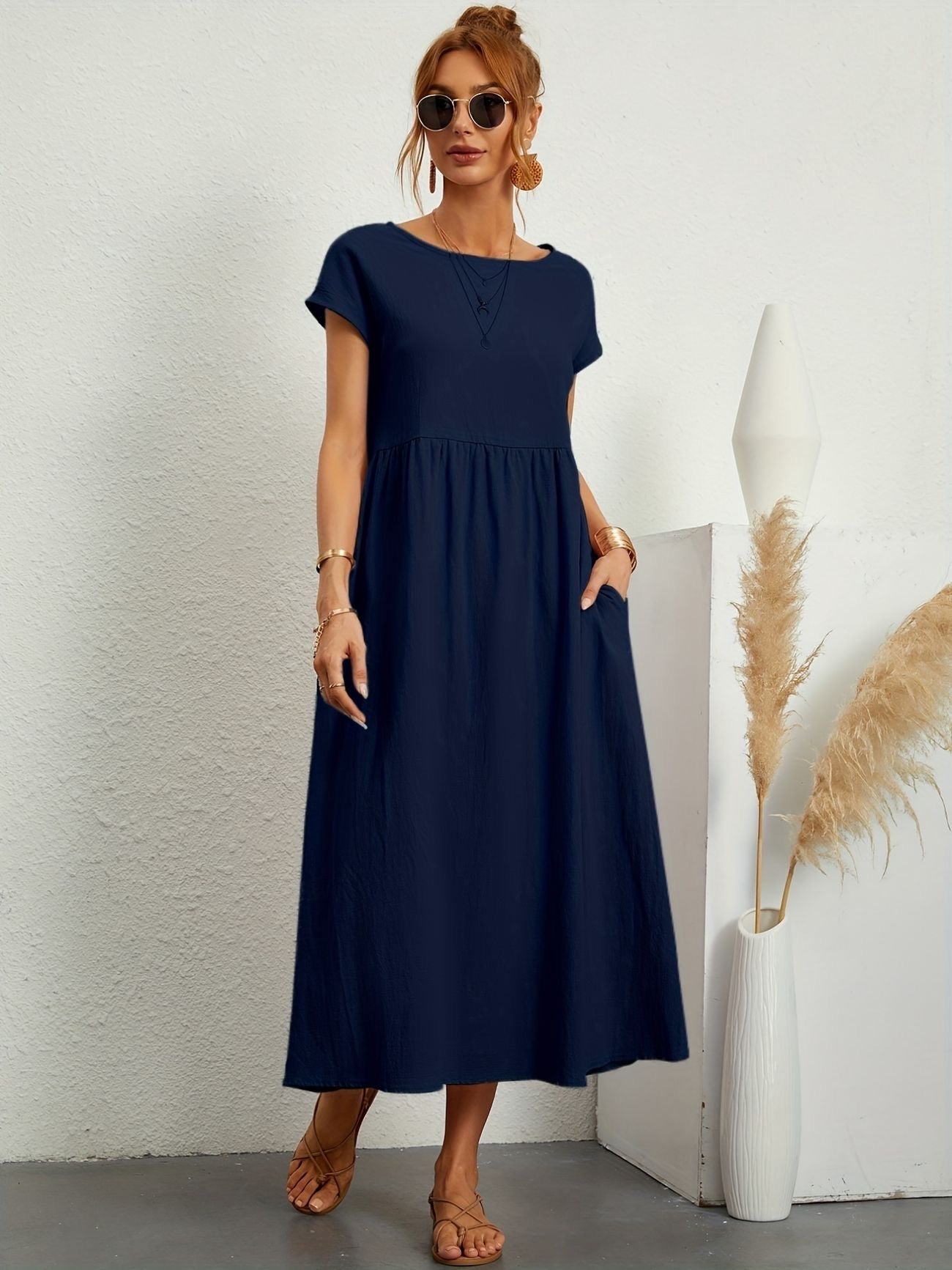 Hannah | Women's Short Sleeve Loose Midi Pocket Dress