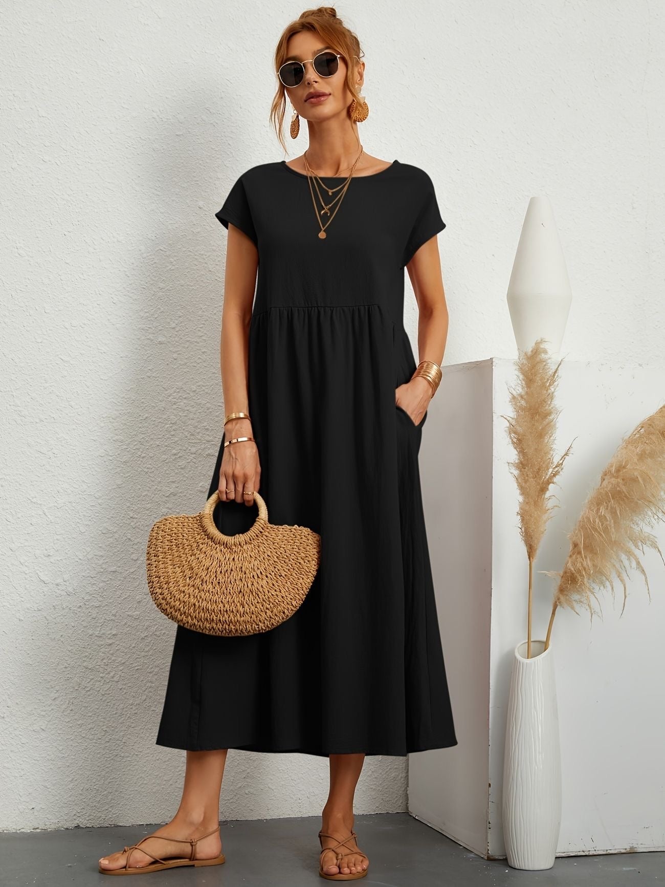 Hannah | Women's Short Sleeve Loose Midi Pocket Dress
