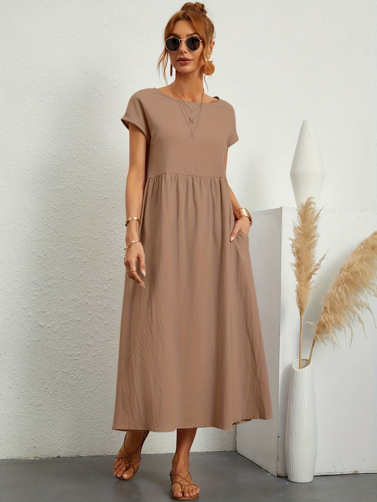 Hannah | Women's Short Sleeve Loose Midi Pocket Dress
