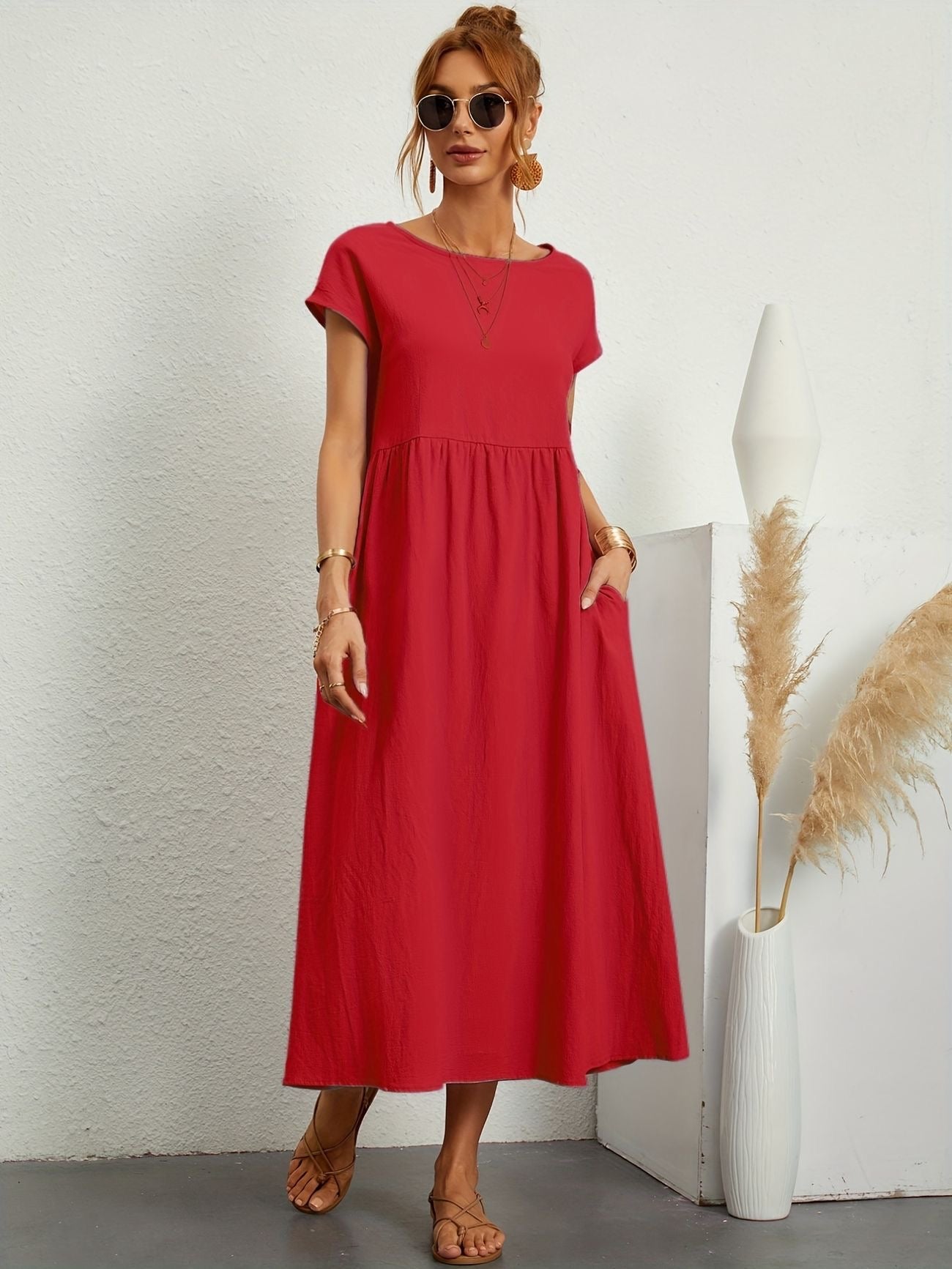 Hannah | Women's Short Sleeve Loose Midi Pocket Dress