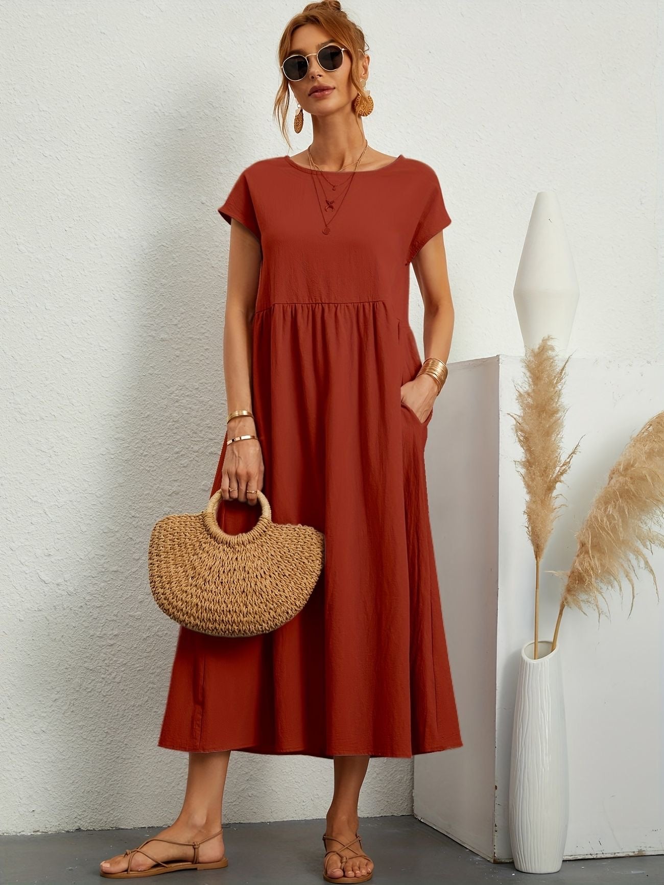Hannah | Women's Short Sleeve Loose Midi Pocket Dress