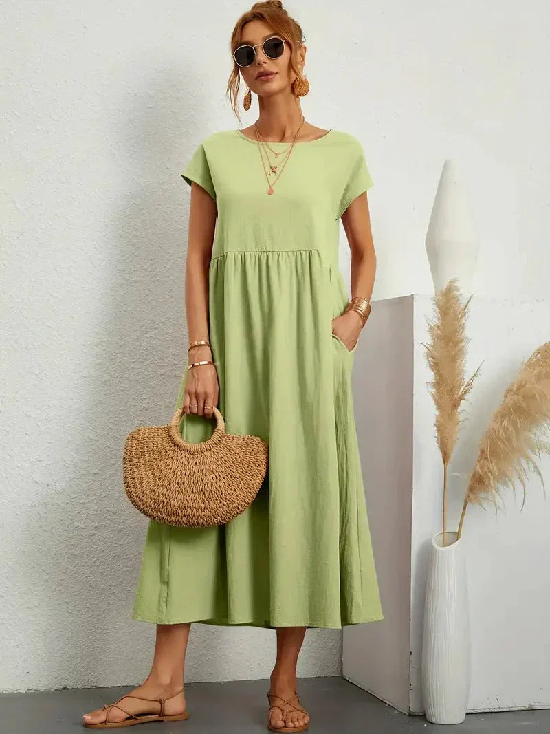 Hannah | Women's Short Sleeve Loose Midi Pocket Dress