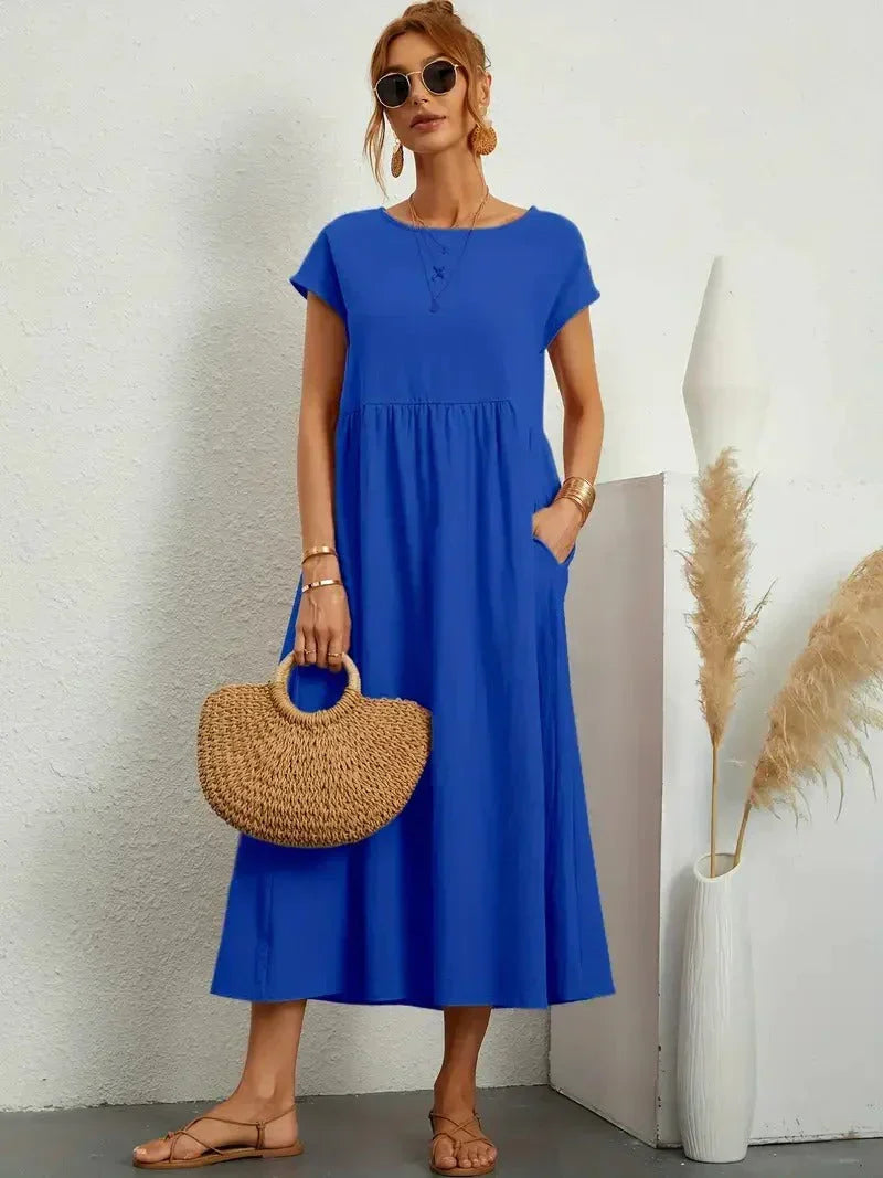 Hannah | Women's Short Sleeve Loose Midi Pocket Dress