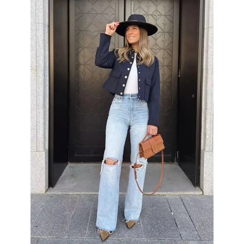 Claire | Women's Cropped Button Front Bomber Jacket