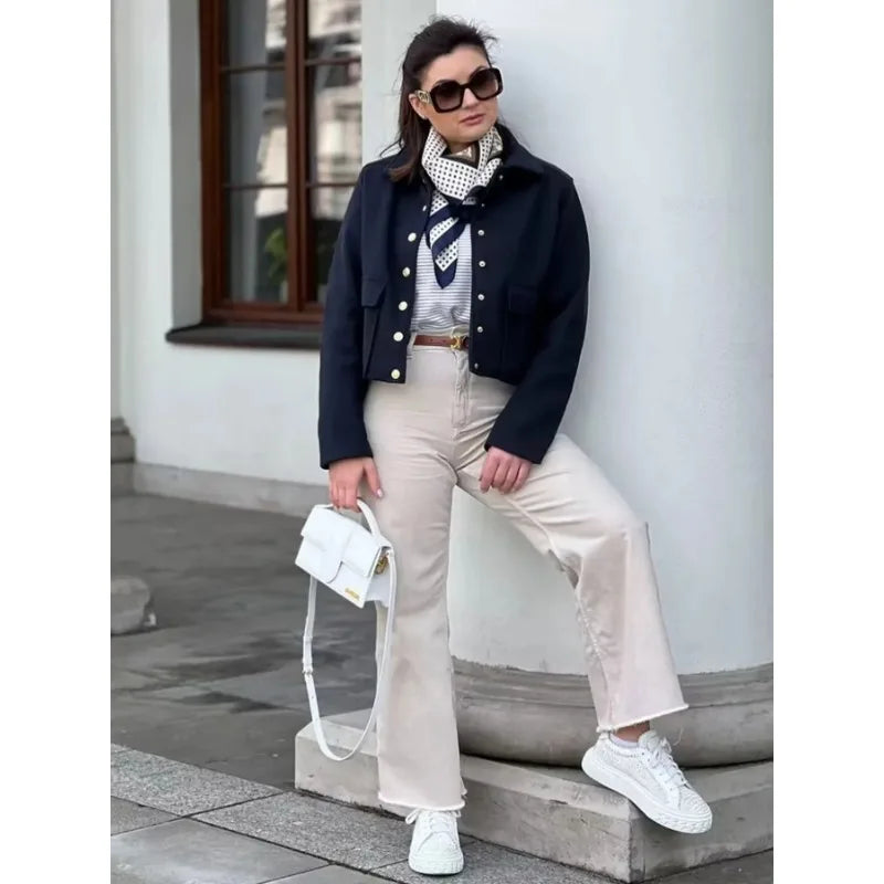 Claire | Women's Cropped Button Front Bomber Jacket