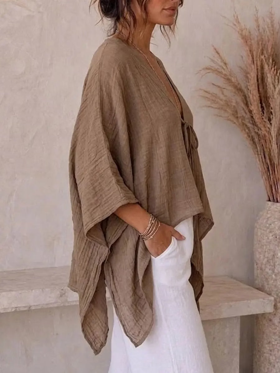 Women's Casual Loose Batwing Sleeve Tie Cotton Linen Top