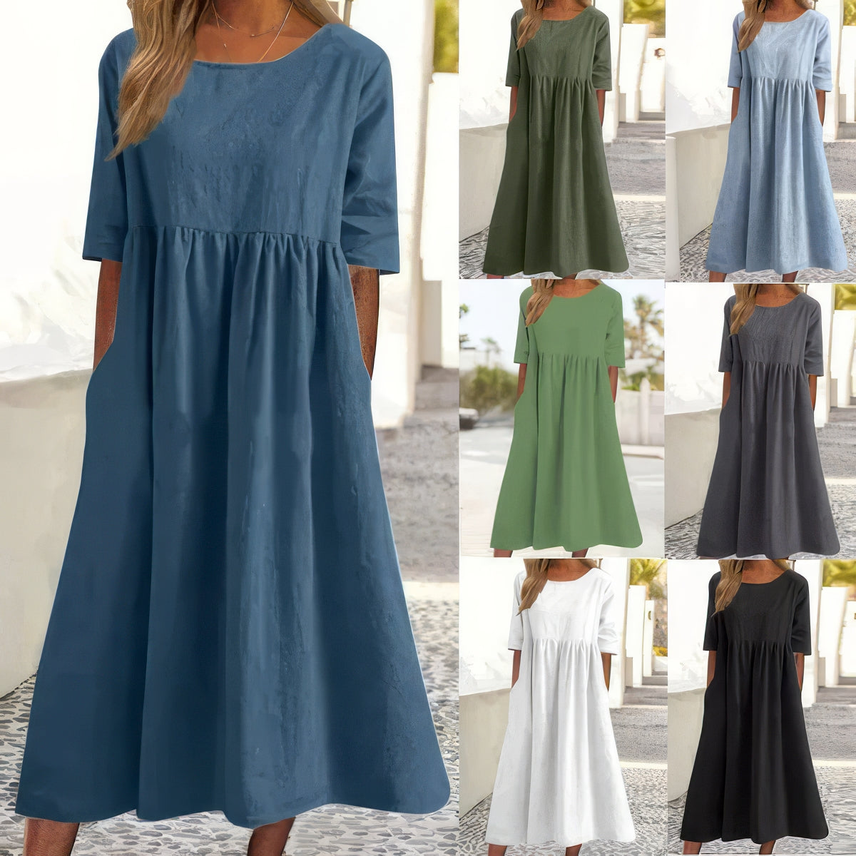 Maikee - Cotton dress with round neckline and pockets